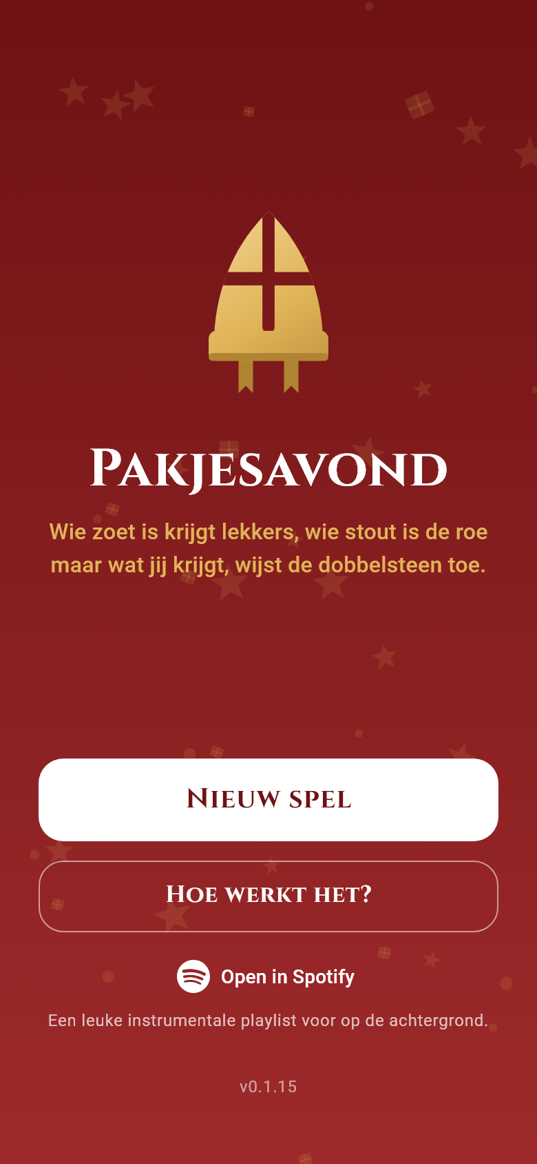 Het startscherm met de gouden mijter, Nieuw spel en Hoe werkt het.